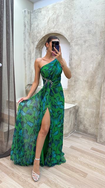 Yeşil Tek Omuz Beli İşlemeli Desenli Elbise