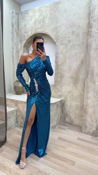 Turquoise Turquoise Single Shoulder Waist Stone Embroidered Design Sequin Dress Dress