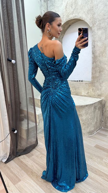 Turquoise Turquoise Single Shoulder Waist Stone Embroidered Design Sequin Dress Dress