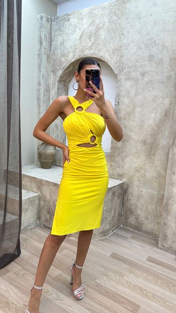 Yellow Yellow Neck Detail Design Dress