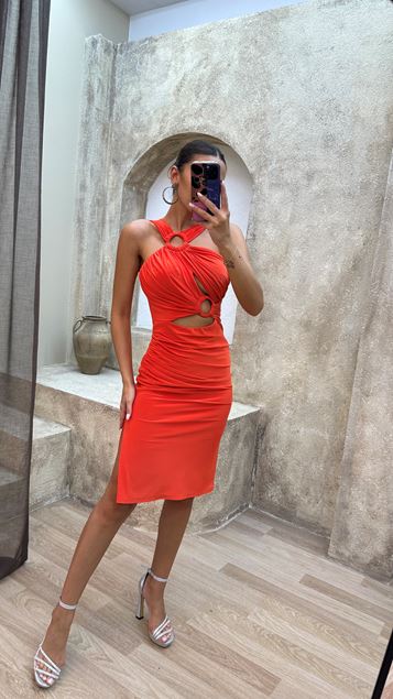 Orange Orange Neck Detail Design Dress