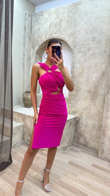 Fuchsia Fuchsia Neck Detail Design Dress