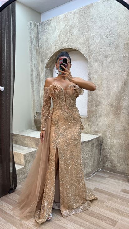 Powder Single Sleeve Breast Detail Embroidered Special Design Evening Dress