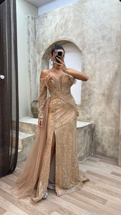 Powder Single Sleeve Breast Detail Embroidered Special Design Evening Dress