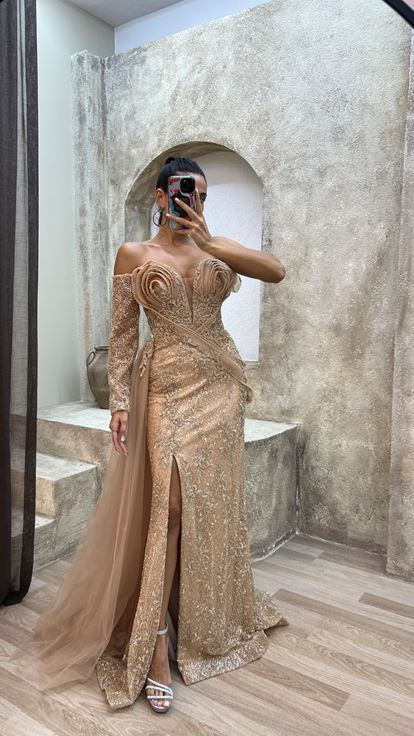 Powder Single Sleeve Breast Detail Embroidered Special Design Evening Dress