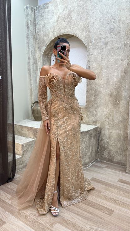 Powder Single Sleeve Breast Detail Embroidered Special Design Evening Dress