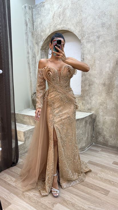 Powder Single Sleeve Breast Detail Embroidered Special Design Evening Dress