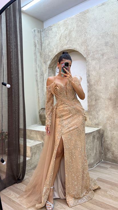 Powder Single Sleeve Breast Detail Embroidered Special Design Evening Dress