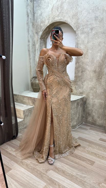 Powder Single Sleeve Breast Detail Embroidered Special Design Evening Dress