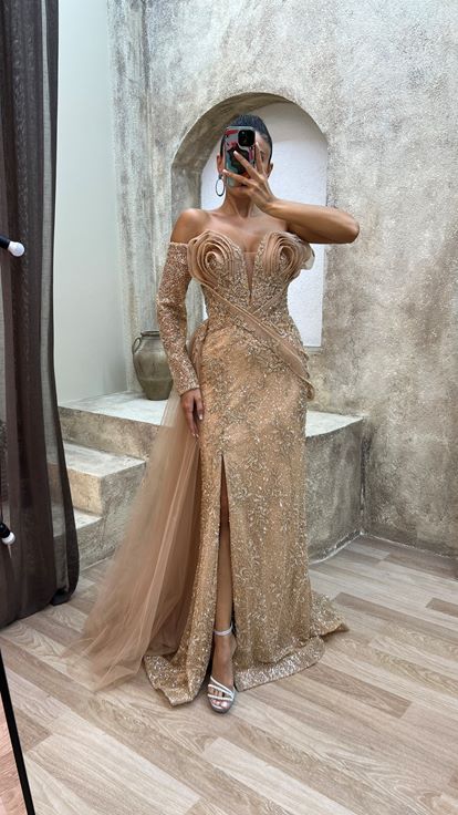 Powder Single Sleeve Breast Detail Embroidered Special Design Evening Dress