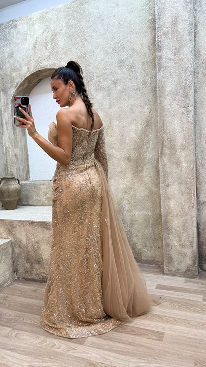Powder Single Sleeve Breast Detail Embroidered Special Design Evening Dress