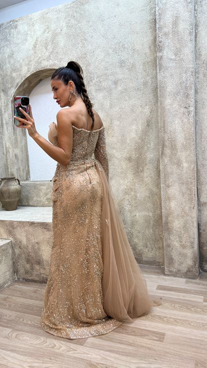 Powder Single Sleeve Breast Detail Embroidered Special Design Evening Dress