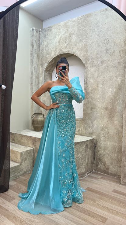 Turquoise Single Shoulder Chest Detail Embroidered Special Design Evening Dress Dress