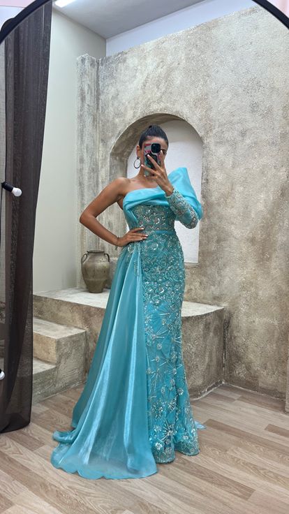 Turquoise Single Shoulder Chest Detail Embroidered Special Design Evening Dress Dress