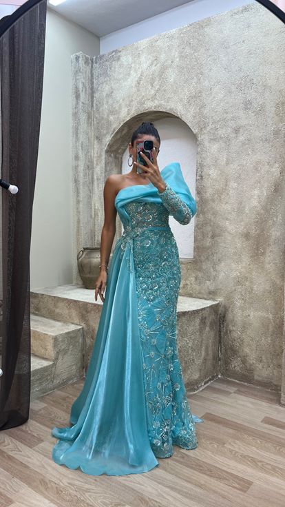 Turquoise Single Shoulder Chest Detail Embroidered Special Design Evening Dress Dress