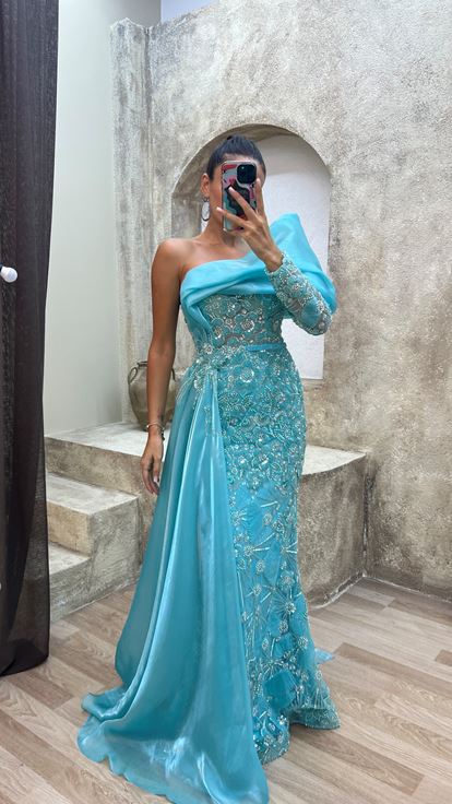 Turquoise Single Shoulder Chest Detail Embroidered Special Design Evening Dress Dress