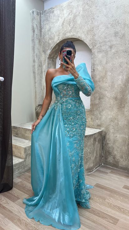 Turquoise Single Shoulder Chest Detail Embroidered Special Design Evening Dress Dress