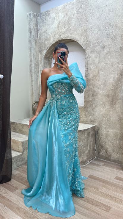 Turquoise Single Shoulder Chest Detail Embroidered Special Design Evening Dress Dress