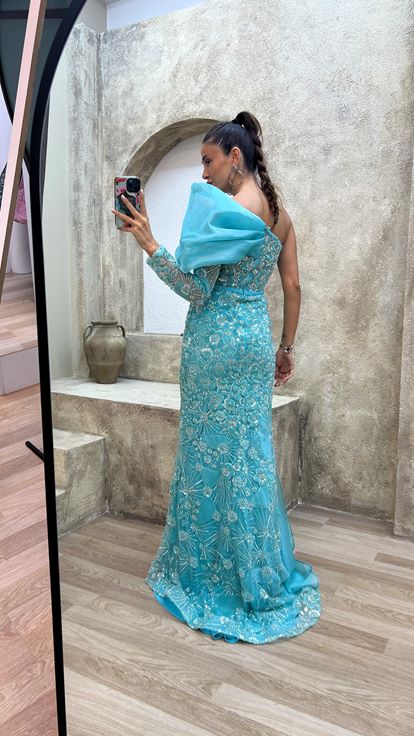 Turquoise Single Shoulder Chest Detail Embroidered Special Design Evening Dress Dress