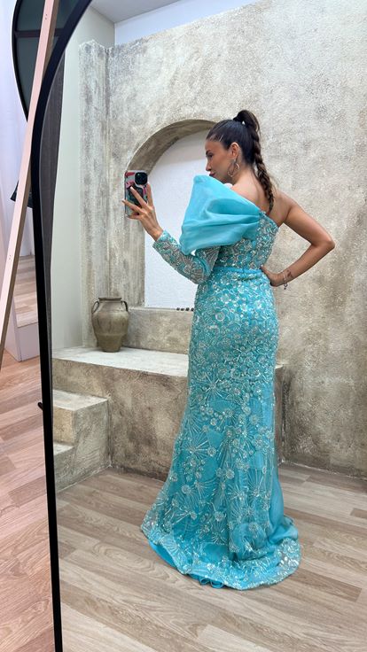 Turquoise Single Shoulder Chest Detail Embroidered Special Design Evening Dress Dress