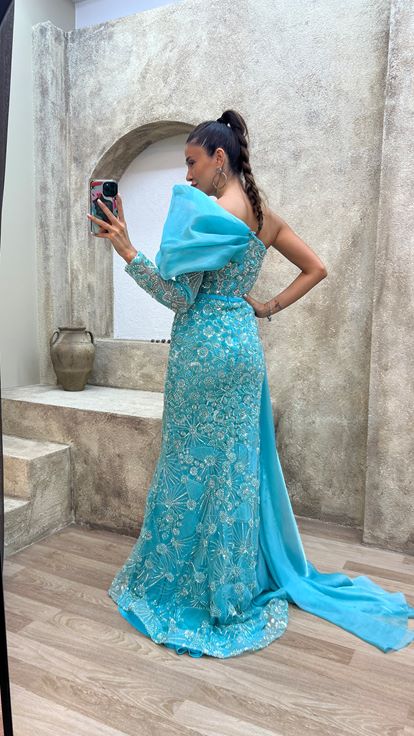 Turquoise Single Shoulder Chest Detail Embroidered Special Design Evening Dress Dress