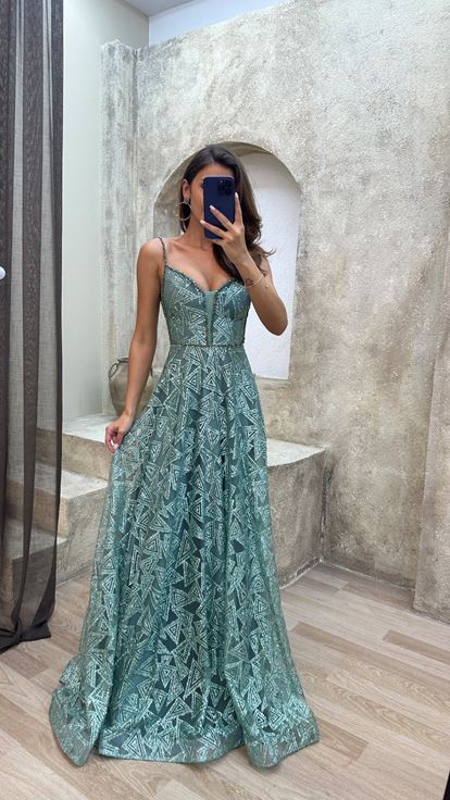 Mint Green Rope Hanger Processing Detail Design Evening Dress