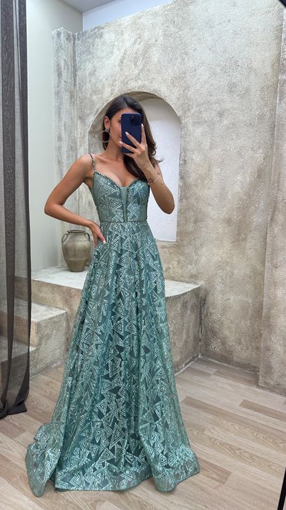 Mint Green Rope Hanger Processing Detail Design Evening Dress