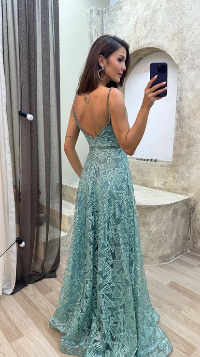 Mint Green Rope Hanger Processing Detail Design Evening Dress