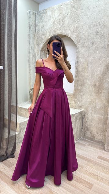Fuchsia Rope Strap Boat Collar Waist Detail Design Evening Dress Dress