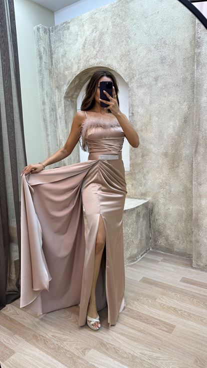 Beige Rope Strap Chest Feather Detail Belt Design Evening Dress Dress