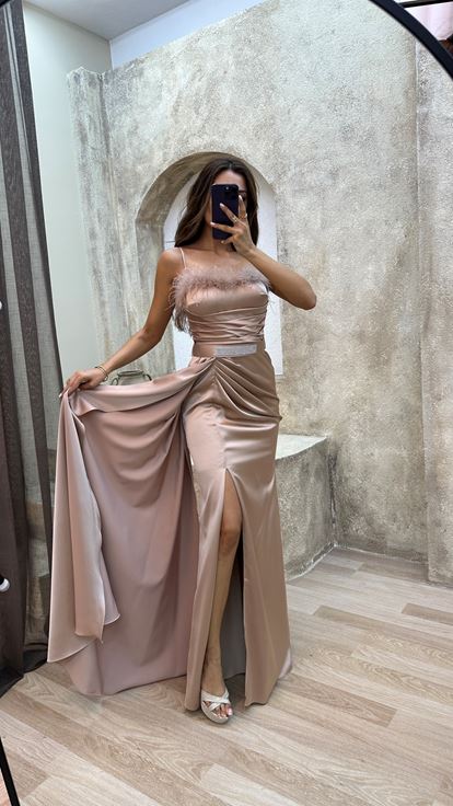 Beige Rope Strap Chest Feather Detail Belt Design Evening Dress Dress
