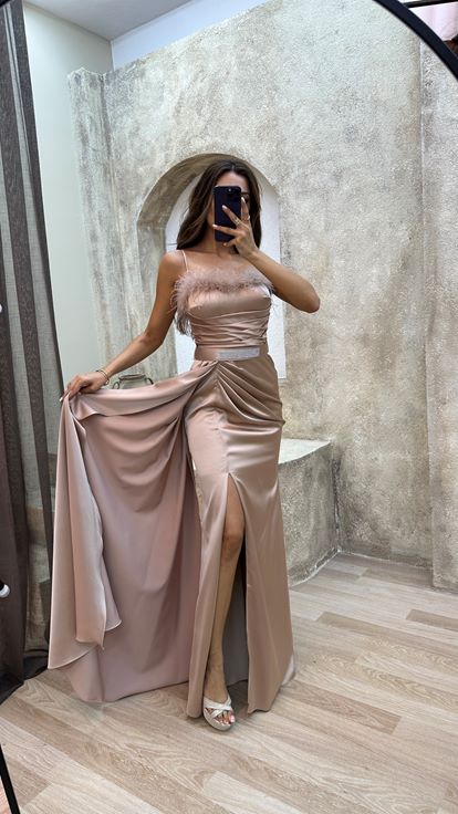 Beige Rope Strap Chest Feather Detail Belt Design Evening Dress Dress