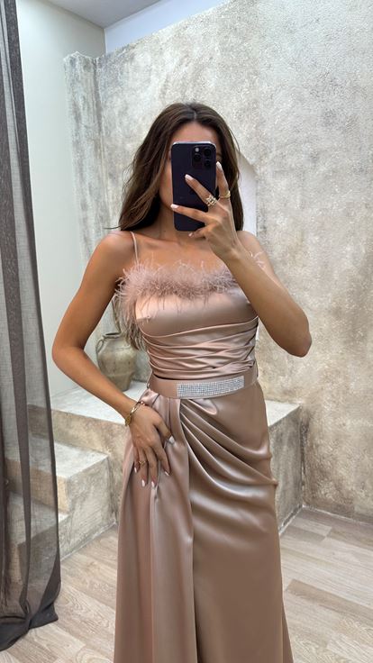 Beige Rope Strap Chest Feather Detail Belt Design Evening Dress Dress
