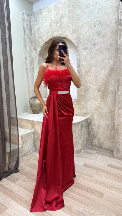 Red Strappy Evening Dress with Feather Detail on the Bust and Belt