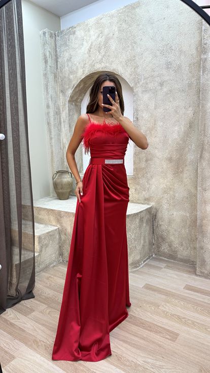 Red Strappy Evening Dress with Feather Detail on the Bust and Belt