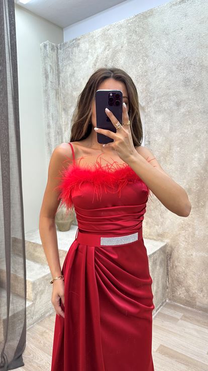 Red Strappy Evening Dress with Feather Detail on the Bust and Belt