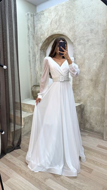 White Balloon Sleeve V -Neck Back Detail Design Evening Dress