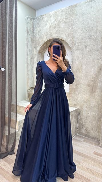Marıne Azul Ballon Arm V -Neck Detalle Detalle Diseño Vestido De Noche