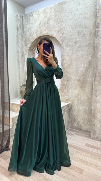 Arm De Globo Verde Esmeralda V -Neck Detalle Detalle Diseño Vestido De Noche