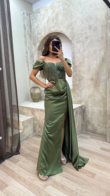 Khaki Épaule Détail Poitrine Drapée Robe de soirée