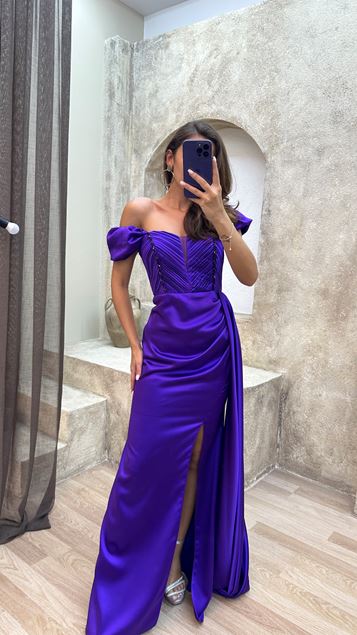 Purple Shoulder Detail Breast Drapeli Design Evening Dress