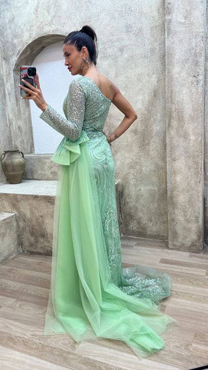 Mint Benefit Mint grüne Single verkaufte Wand detailliertes spezielles Designkleid Kleid