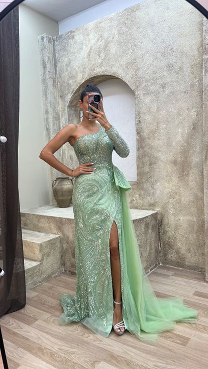 Mint Benefit Mint grüne Single verkaufte Wand detailliertes spezielles Designkleid Kleid