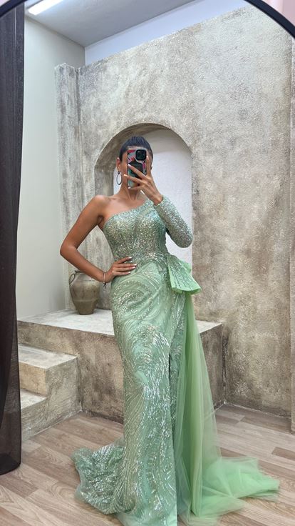 Mint Benefit Mint grüne Single verkaufte Wand detailliertes spezielles Designkleid Kleid