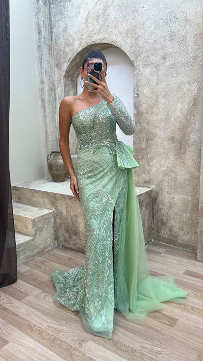 Mint Benefit Mint grüne Single verkaufte Wand detailliertes spezielles Designkleid Kleid