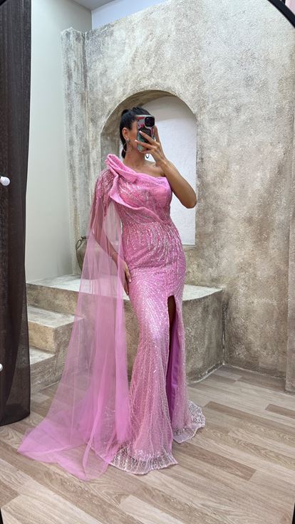 Pink pink rope strap chest detail embroidered special evening dress dress
