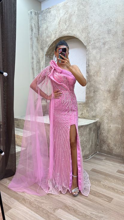 Pink pink rope strap chest detail embroidered special evening dress dress