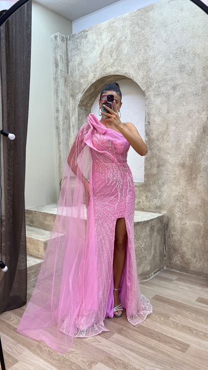 Pink pink rope strap chest detail embroidered special evening dress dress