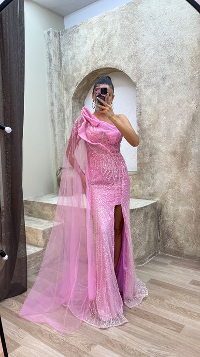 Pink pink rope strap chest detail embroidered special evening dress dress