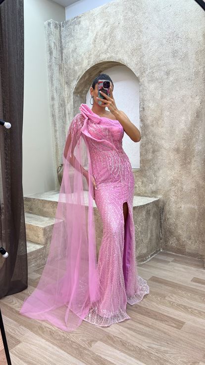 Pink pink rope strap chest detail embroidered special evening dress dress